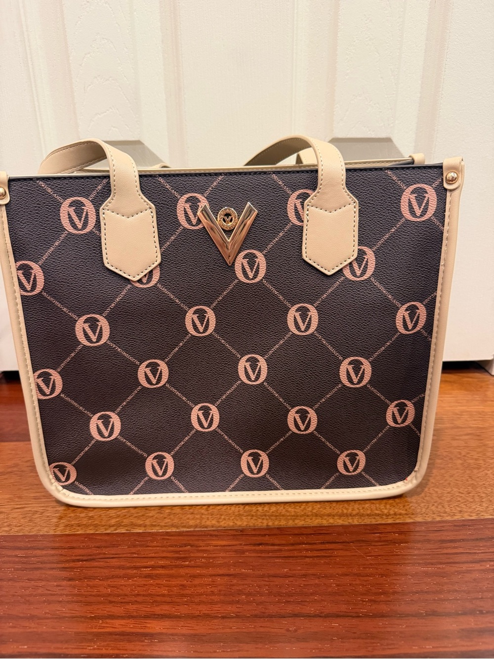 Valentino Orlandi Brown Tote with Cream Trim and Gold V Emblem
